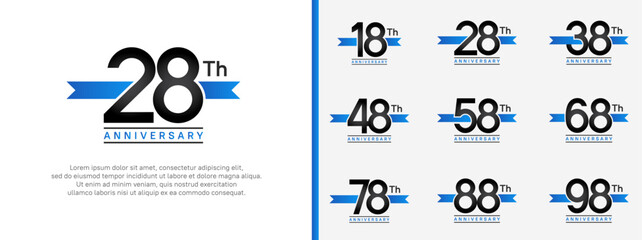 set of anniversary logo flat black color number and blue ribbon on white background for celebration