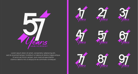 set of anniversary logo white color number and purple ribbon on black background for celebration
