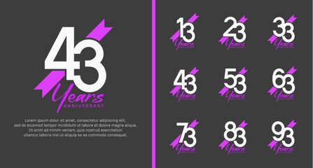 set of anniversary logo white color number and purple ribbon on black background for celebration
