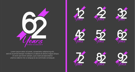 set of anniversary logo white color number and purple ribbon on black background for celebration