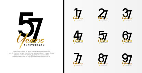 set of anniversary logo flat black color number and golden text on white background for celebration