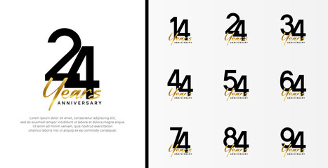 set of anniversary logo flat black color number and golden text on white background for celebration