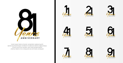 set of anniversary logo flat black color number and golden text on white background for celebration - obrazy, fototapety, plakaty