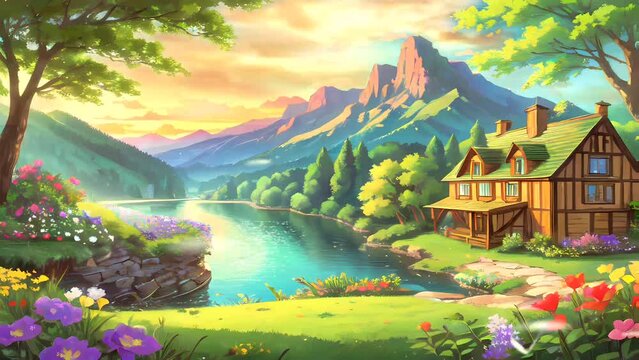 Beautiful autumn landscape with traditional houses in mountain valley. Rural fantasy landscape background. Seamless looping video animated background