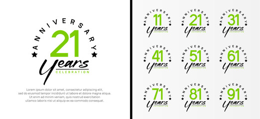 set of anniversary logo flat green color number and black text on white background for celebration