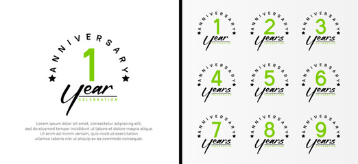 set of anniversary logo flat green color number and black text on white background for celebration