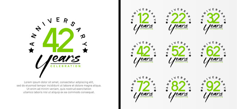 set of anniversary logo flat green color number and black text on white background for celebration