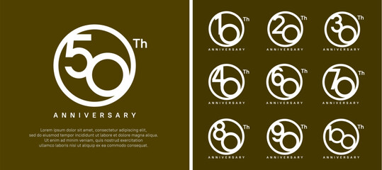 set of anniversary logo white color number in circle and white text on brown background for celebration - obrazy, fototapety, plakaty