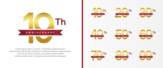 set of anniversary logo golden color number and red ribbon on white background for celebration