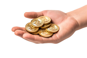 Hand holding bitcoin coins isolated on white background PNG