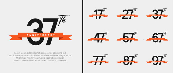 set of anniversary logo black color number and orange ribbon on white background for celebration