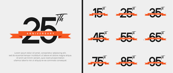 set of anniversary logo black color number and orange ribbon on white background for celebration
