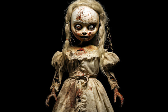 Creepy zombie doll isolated on black background. Halloween theme.