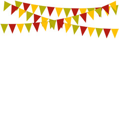 Garland icon of multicolored flags pennants isolated on transparent and white background. Festive close-up element for design decoration. Vector illustration for thanksgiving and harvest festival. 