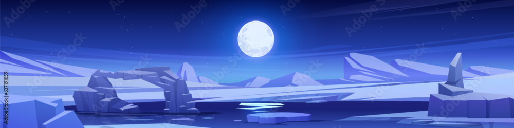 Wall mural night north pole vector landscape with full moon in sky. cartoon dark arctic illustration with froze