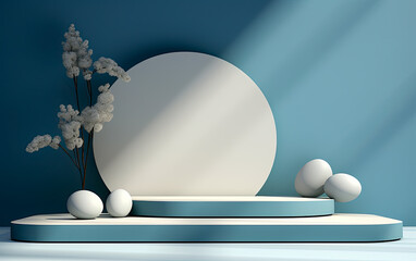 Minimalist stage designs with white circular shapes in 3D, surrounded by a minimalist background in indigo and cyan
