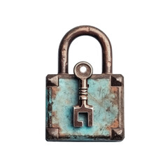 Top view of a white transparent background with an aged padlock and key
