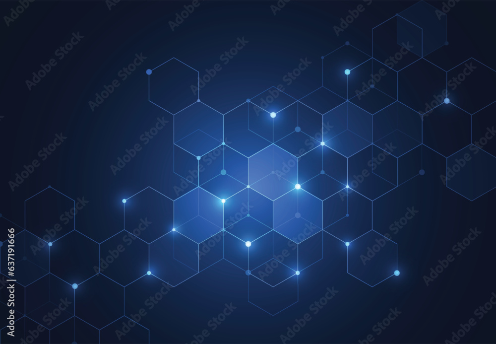 Poster abstract hexagonal molecular structures in technology background and science style. medical design. 