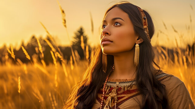 Proud Cherokee girl in traditional clothing, in grass, sunset behind
