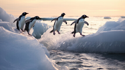 Adelie penguins jump into the ocean from an iceberg. Generative Ai