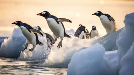 Obraz premium Adelie penguins jump into the ocean from an iceberg. Generative Ai