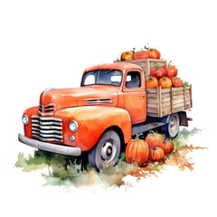 A classic vintage red truck loading pumpkins, Isolated on transparent background, PNG, Generative AI
