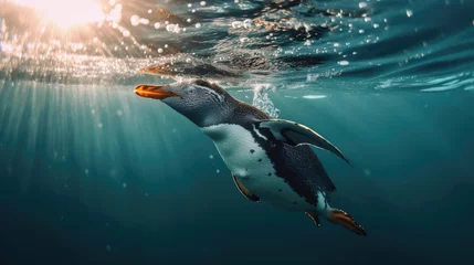 Fotobehang A penguin swimming marine life underwater ocean, Penguin on surface and dive dip water. Generative Ai © tong2530
