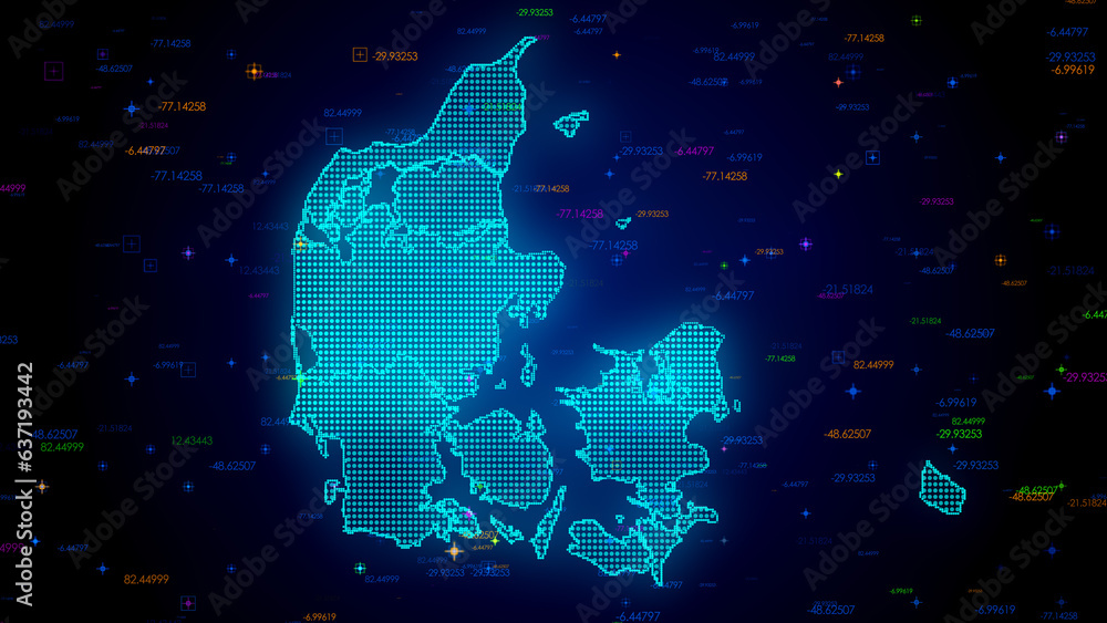 Poster futuristic blue colorful shiny digital technology hud dots mosaic grid denmark map separate regions 