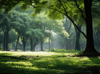 Fototapeta na wymiar Forest Sunlight Through Trees Amidst Green Foliage