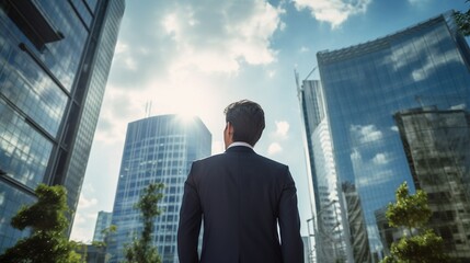 A scene depicting a businessman from behind standing in front of a building