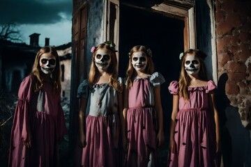 Obraz na płótnie Canvas Zombie costume for halloween, girls wearing zombie halloween costumes - Generative AI