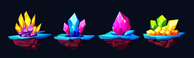 Clusters of gemstone crystals sticking out of ice covered ground. Cartoon game assets of bright colorful shining diamond raw material rocks and jewel minerals. Vector illustration of mining treasure