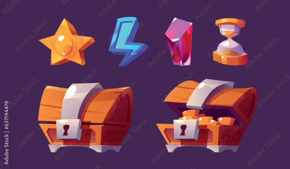 Poster cartoon set of game ui icons isolated on background. vector illustration of open and closed wooden t