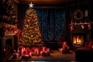 christmas tree with gifts and decorations, Interior design with a fireplace and christmas decorations - Generative AI