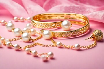 pearl necklace and earrings, jewelry on pink background - Generative AI