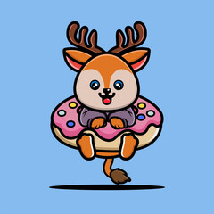 Obraz na płótnie Canvas Cute deer hug big doughnut cartoon