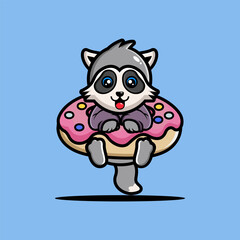 Cute raccoon hug big doughnut cartoon