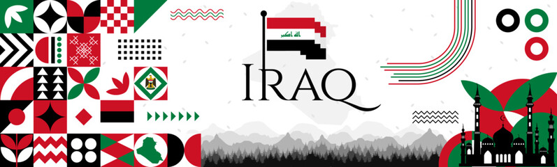 The Iraq Independence Day abstract banner design with flag and map. Flag color theme geometric pattern retro modern Illustration design. Red, Green and Black color template.