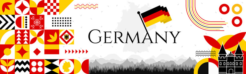 The Germany Independence Day abstract banner design with flag and map. Flag color theme geometric pattern retro modern Illustration design. Red, yellow and Black color template.