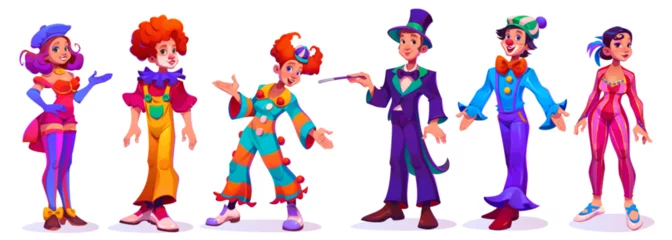 Zelfklevend Fotobehang Circus cartoon characters set - vector illustration of various cirque or carnival artists in bright scenic costumes. Man magician in coat and hat, woman gymnast and clowns with wig and red nose. © klyaksun