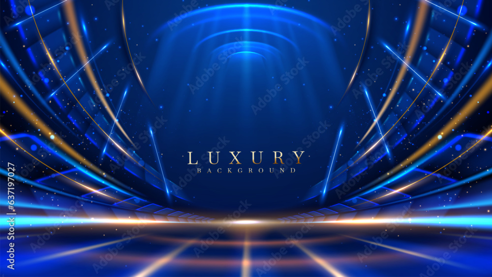 Wall mural blue luxury background with golden line decoration and curve light effect with bokeh elements. moder