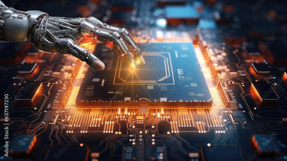 Poster robotic hand touching digital circuit board . bionic technology .generative ai