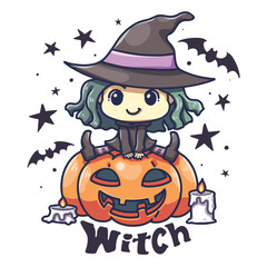 Cute design element cartoon, cartoon illustration of little witch sat on a big smiling pumpkin, Character cartoon, Vector image.