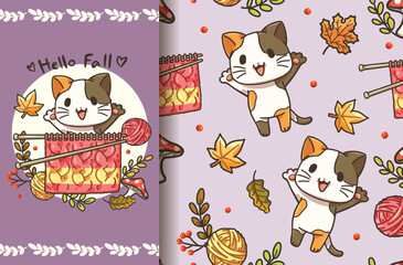 Greeting card and print seamless pattern Little tricolor cat and yarn cartoon, Cartoon illustration for children, Vector image.