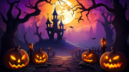 Happy Halloween background with scary pumpkins and castle haunted .Halloween background with Evil Pumpkin. Spooky scary dark Night forrest. Holiday event halloween banner background concept