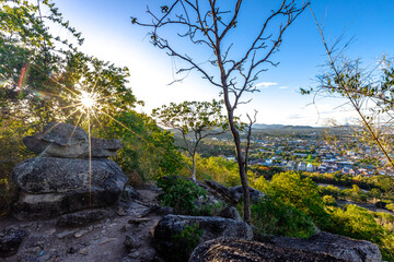 Nature blurred abstract background Of the colorful morning sun, a large lake, can see the scenery all around, cool atmosphere from the wind blowing all the time