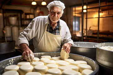 A man is a cheese maker in the process of producing different varieties of cheese in the industry. Concept of natural milk cheese making as a business.