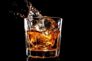 Glass of whiskey with ice with splashes. Black background. Splashes and drops of whiskey fly from the glass in different directions.