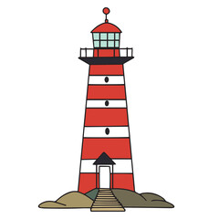 Lighthouse colored outline. Hand drawn Sea building decor in doodle style. Vector illustration.