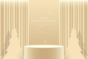 Luxury realistic brown 3D cylinder podium pedestal or product display stand with Christmas tree, curtain and snow background. Minimal wall scene for product display presentation. Merry Christmas.
